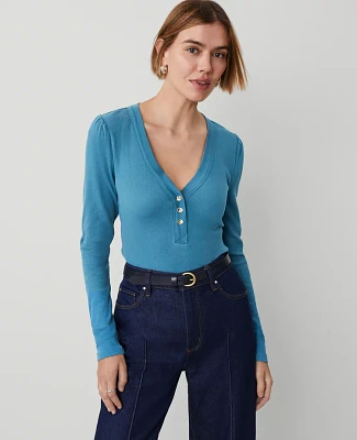 Ann Taylor Puff Sleeve Henley Top Blue Women's