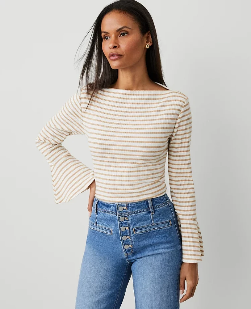 Ann Taylor Striped Bell Sleeve Top Cafe Au Lait Women's