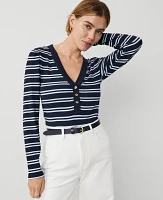 Ann Taylor Striped Puff Sleeve Henley Top Night Sky Women's