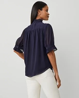 Ann Taylor Petite Crinkle Ruffle Collar Shirt Night Sky Women's