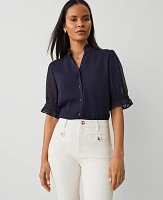 Ann Taylor Petite Crinkle Ruffle Collar Shirt Night Sky Women's