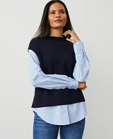 Ann Taylor Petite Layered Mixed-Media Sweater Night Sky Women's