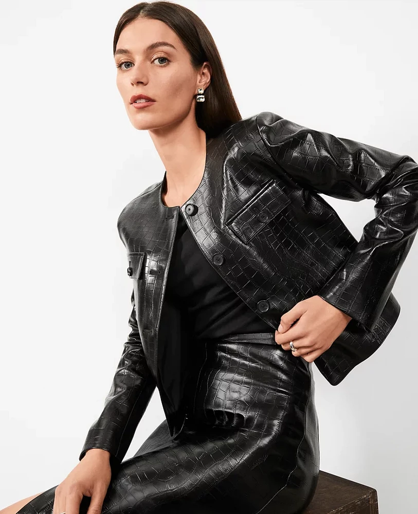 Ann Taylor Petite Embossed Faux Leather Cropped Jacket Black Women's