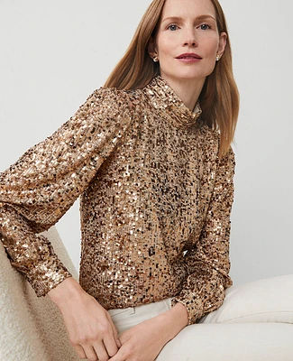 Ann Taylor Sequin Mock Neck Top Gold Women's