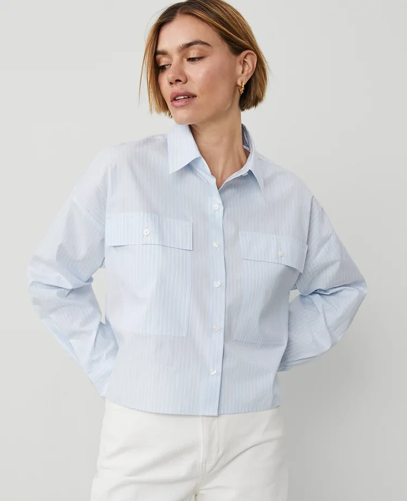 Ann Taylor Weekend Collection Striped Oversized Cropped Pocket Shirt Blue Quartz Women's
