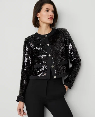 Ann Taylor Petite Sequin Crew-Neck Jacket Black Women's