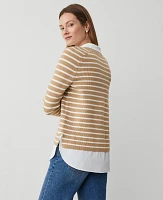 Ann Taylor Striped Layered Mixed-Media Sweater Camel/White Combo Women's