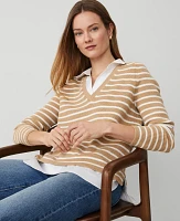 Ann Taylor Striped Layered Mixed-Media Sweater Camel/White Combo Women's