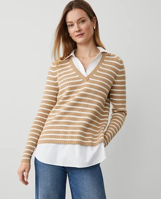 Ann Taylor Striped Layered Mixed-Media Sweater Camel/White Combo Women's