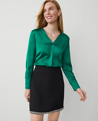 Ann Taylor Shine Woven Pleat-Front Top Festive Holly Women's