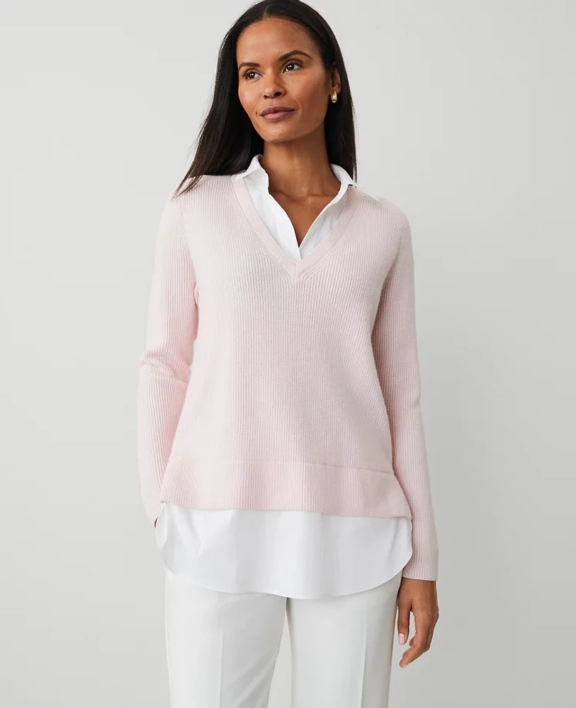 Ann Taylor Layered Mixed-Media Sweater Pink Ribbon Women's