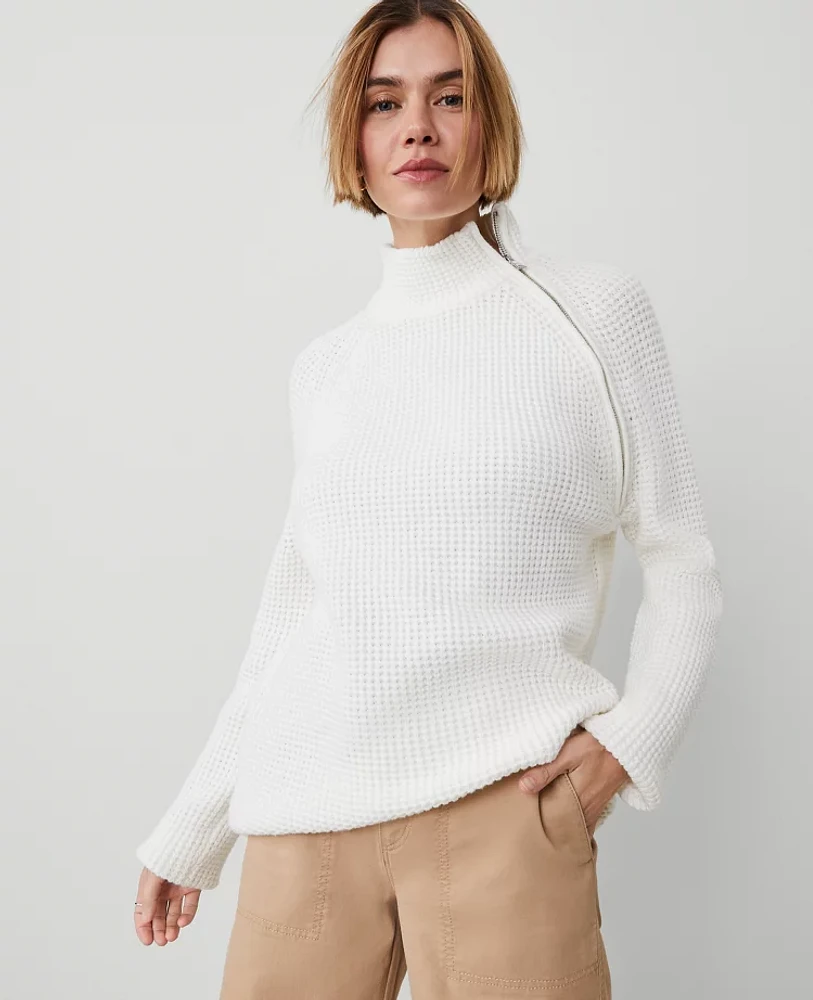 Ann Taylor Petite Waffle Zip Sweater Winter White Women's