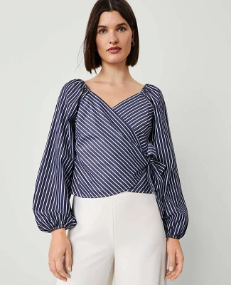 Ann Taylor Petite Striped Wrap Tie-Waist Blouse Size XL Vintage Blue Stripe Women's