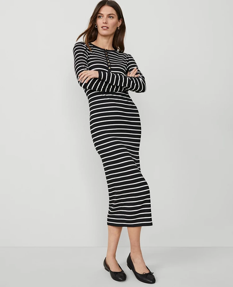 Ann Taylor Petite Weekend Collection Striped Henley Knit Column Dress Black Women's