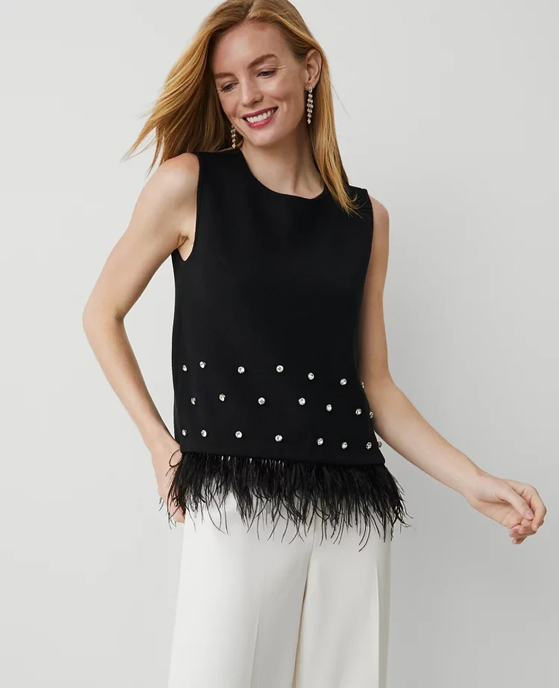 Ann Taylor Feather Embellished Shell Top Black Women's