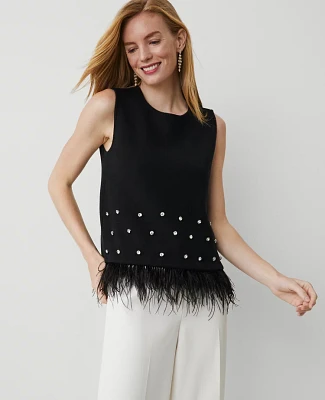 Ann Taylor Feather Embellished Shell Top Size XS Black Women's