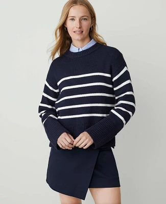 Ann Taylor Petite Striped Relaxed Sweater Navy/White Women's