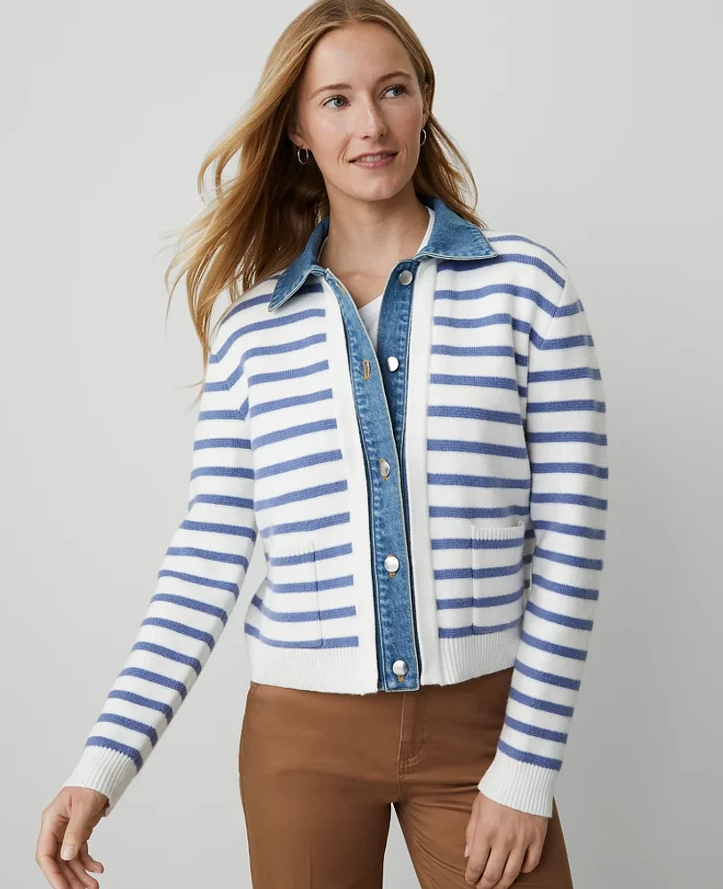 Ann Taylor Petite Striped Denim Sweater Jacket Light Blue/White Combo Women's