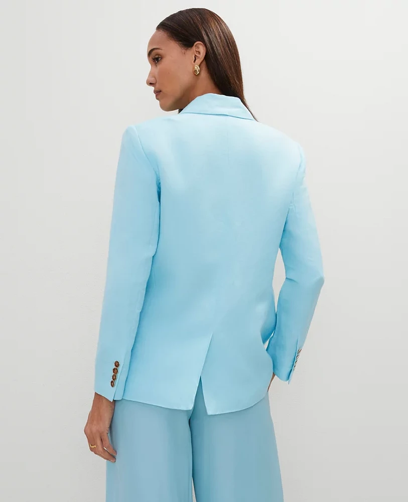 Ann Taylor The Relaxed Double Breasted Blazer Linen Blend Gulf Stream Blue Women's