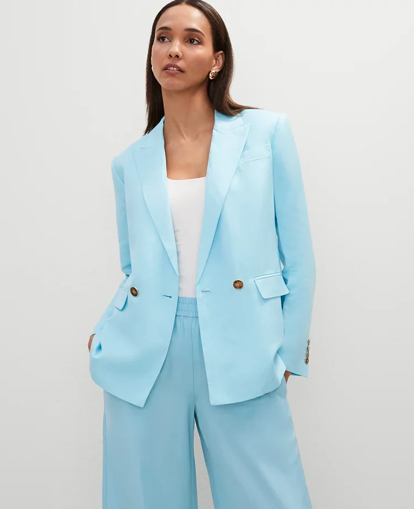 Ann Taylor The Relaxed Double Breasted Blazer Linen Blend Gulf Stream Blue Women's