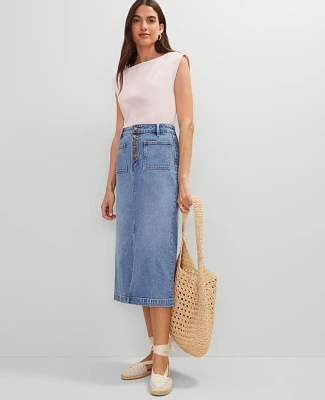 Ann Taylor Weekend Collection Patch Pocket Denim Midi Skirt Bright Mid Indigo Wash Women's