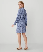 Ann Taylor Floral Plisse Belted Shift Dress Colony Blue Women's