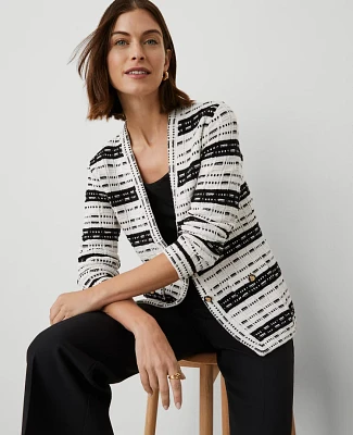 Ann Taylor Petite Striped Tweed Sweater Jacket White/Black Multi Women's