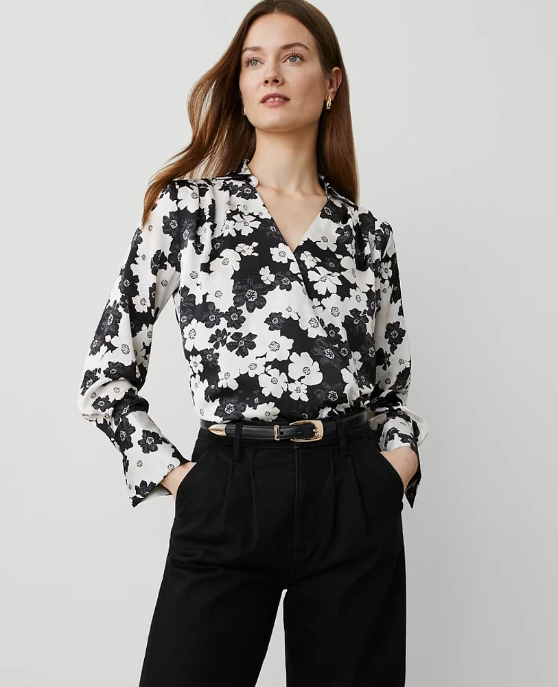 Ann Taylor Floral Satin Wrap Bodysuit Black Women's