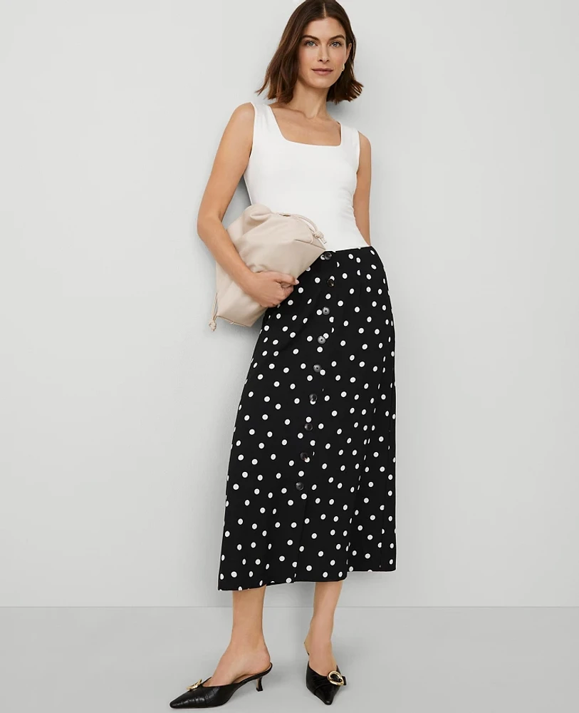 Ann Taylor Dotted Crepe Button Midi Skirt Black Women's