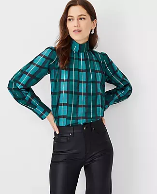 Ann Taylor Shimmer Plaid Pintucked Mock Neck Popover Top