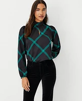 Ann Taylor Windowpane Mock Neck Blouse Black Women's