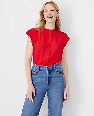 Ann Taylor Mixed Media Flutter Sleeve Button Front Top
