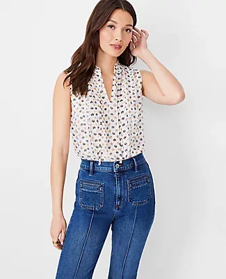Ann Taylor Petite Floral Pintucked Ruffle Popover Shell Top