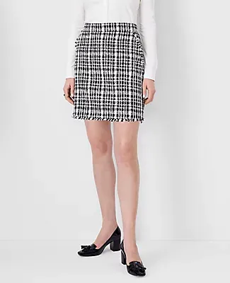 Ann Taylor Petite Fringe Tweed Button Tab A-Line Pocket Skirt