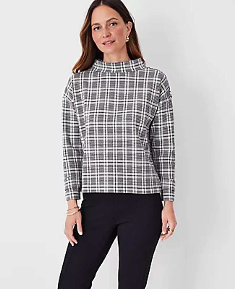 Ann Taylor Petite Plaid Button Tab Mock Neck Top