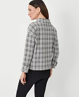 Ann Taylor Petite Plaid Button Tab Mock Neck Top Black Women's