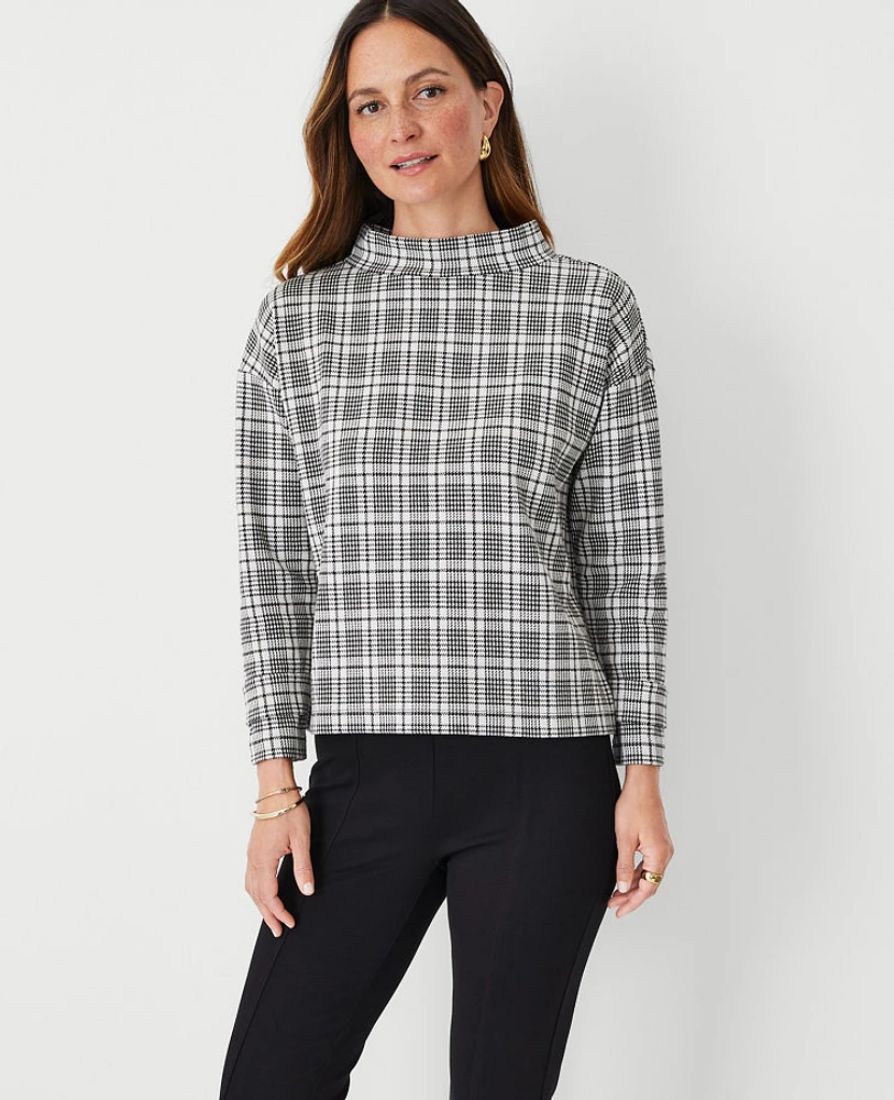 Ann Taylor Petite Plaid Button Tab Mock Neck Top Black Women's