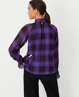 Ann Taylor Plaid Raglan Bow Pleated Cuff Top Ultraviolet Women's