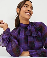 Ann Taylor Plaid Raglan Bow Pleated Cuff Top Ultraviolet Women's