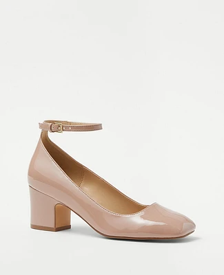 Ann Taylor Patent Ankle Strap High Block Heel Pumps Deep Blush Rose Women's