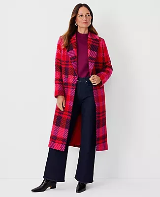 Ann Taylor Petite Plaid Long Double Breasted Coat