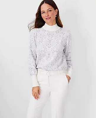 Ann Taylor Floral Jacquard Puff Sleeve Sweater