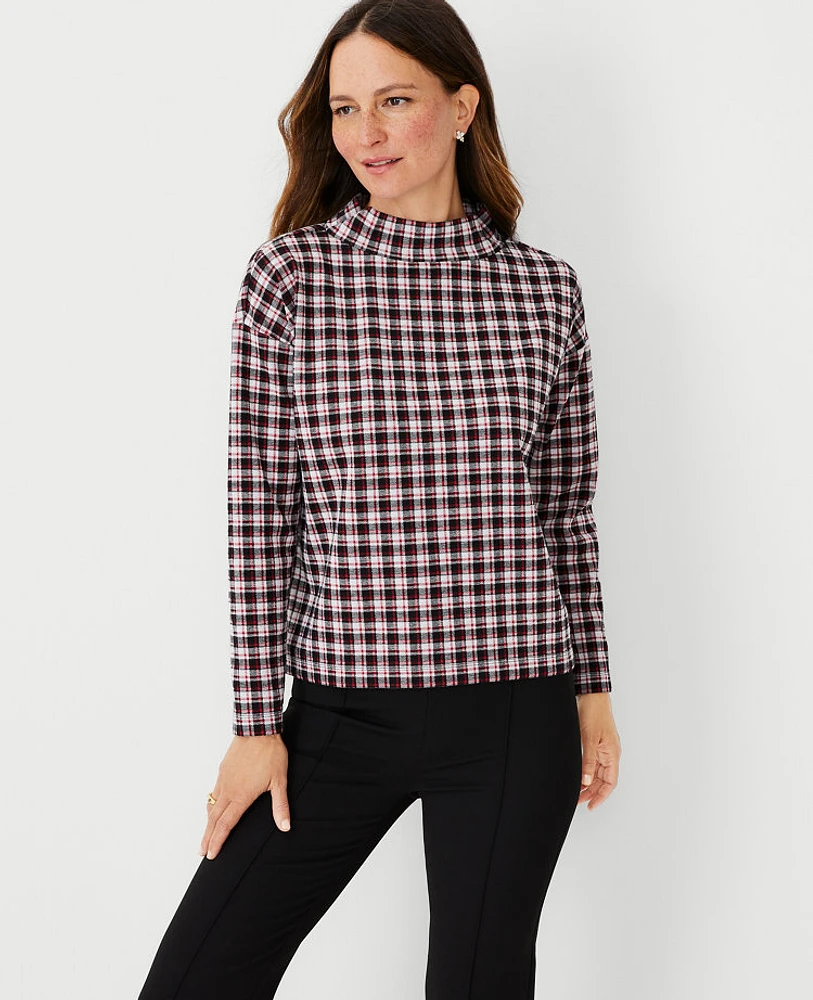 Ann Taylor Petite Plaid Mock Neck Top Black Women's