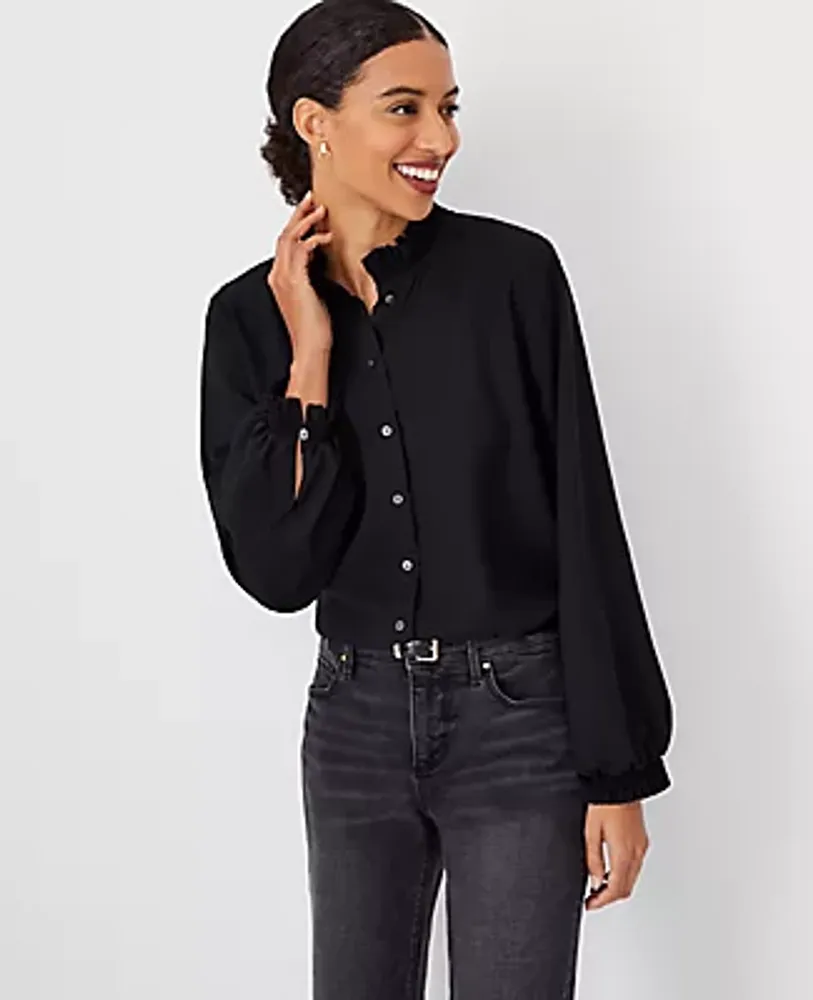 black ruffle button down shirt