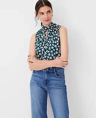 Ann Taylor Floral Mixed Media Tie Neck Shell Top