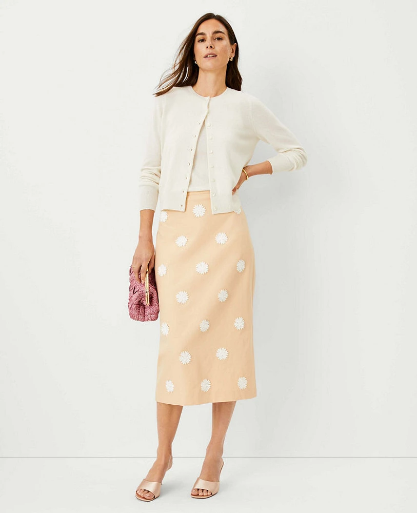 Ann Taylor Studio Collection Applique Cotton Linen Midi Skirt Praline Latte Women's