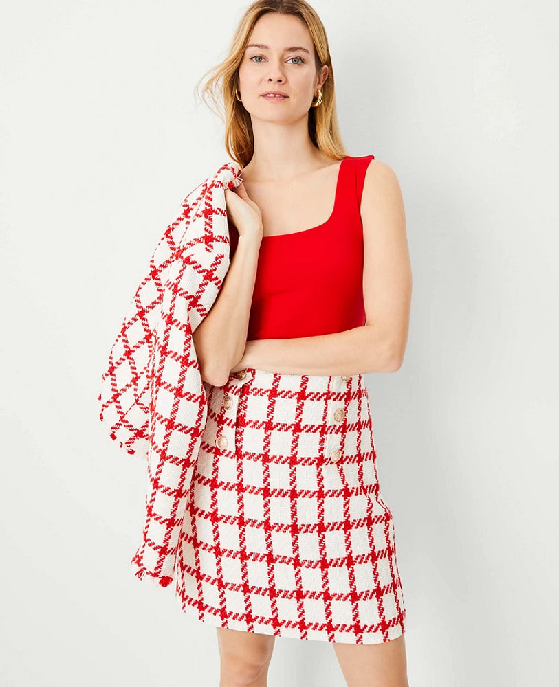 Ann Taylor Plaid Tweed Button A-Line Skirt Red/White Multi Women's