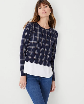 Ann Taylor Plaid Layered Mixed Media Top Size XS Night Sky Women's