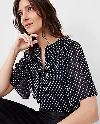 Ann Taylor Petite Clip Shirred Split Neck Popover Top