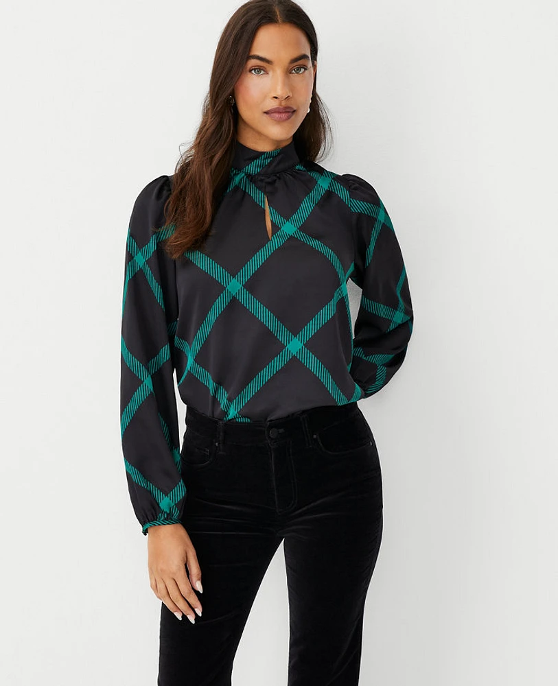 Ann Taylor Petite Windowpane Mock Neck Blouse Black Women's